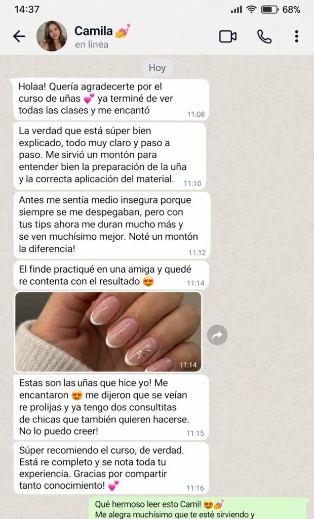 Mensaje de WhatsApp de Camila sobre el curso