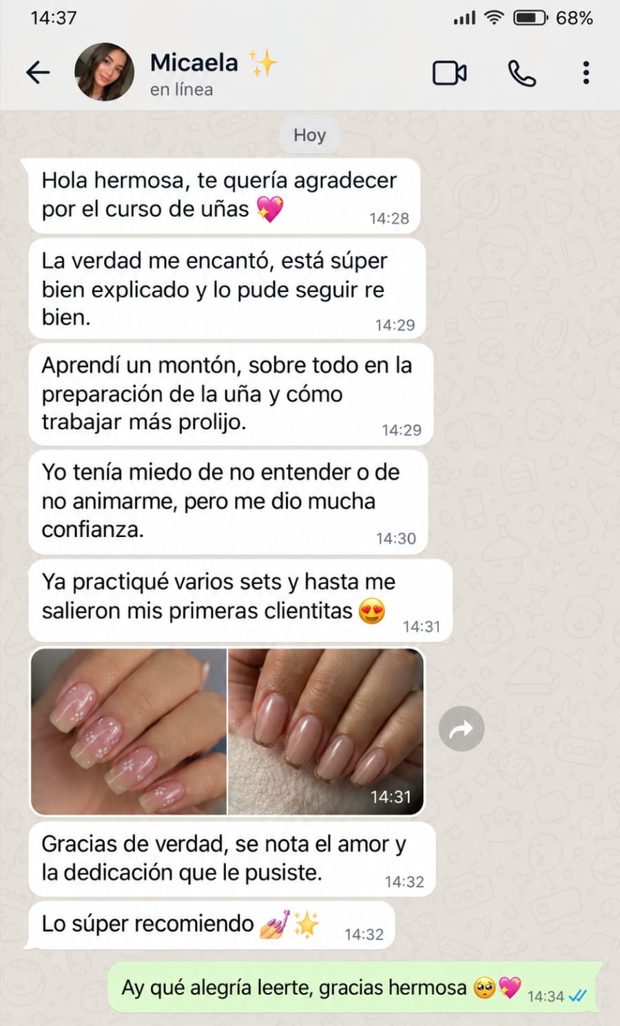 Mensaje de WhatsApp de Micaela sobre el curso