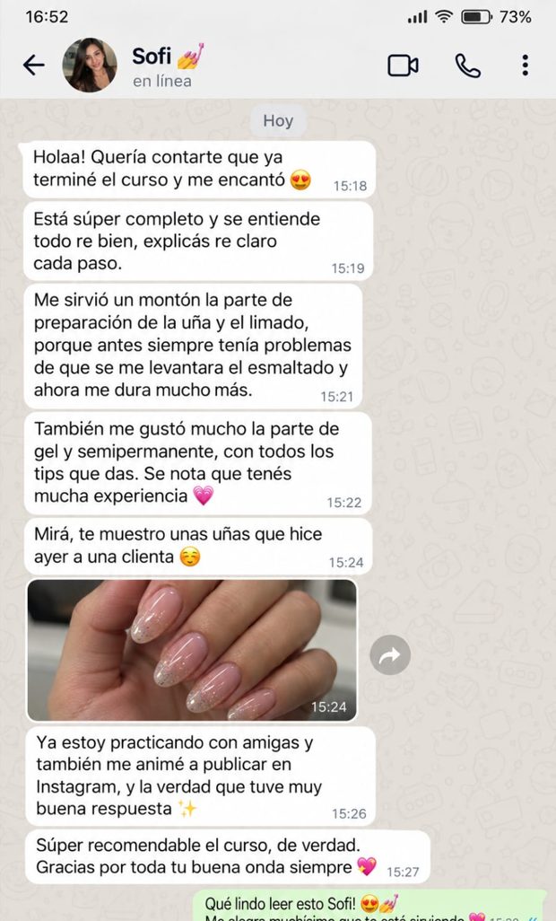 Mensaje de WhatsApp de Sofi sobre el curso